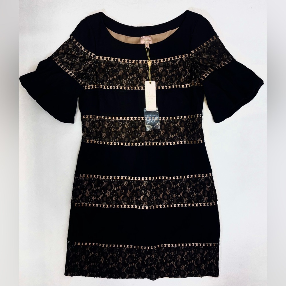 Tracy Reese Lace Inset Shift Dress Black Nude Tan Floral Evening Size 12
